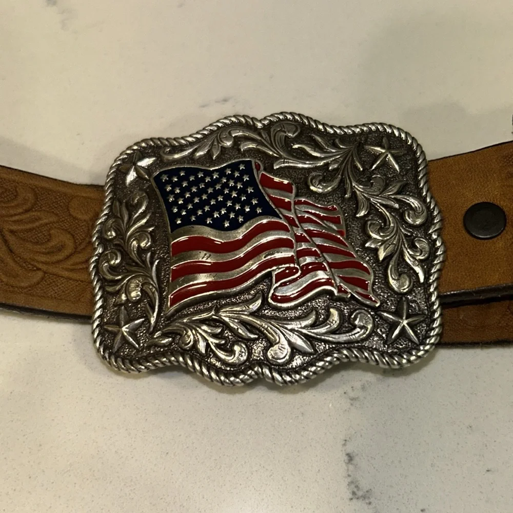 Child Size Soft Brown Leather Belt with American Flag Buckle